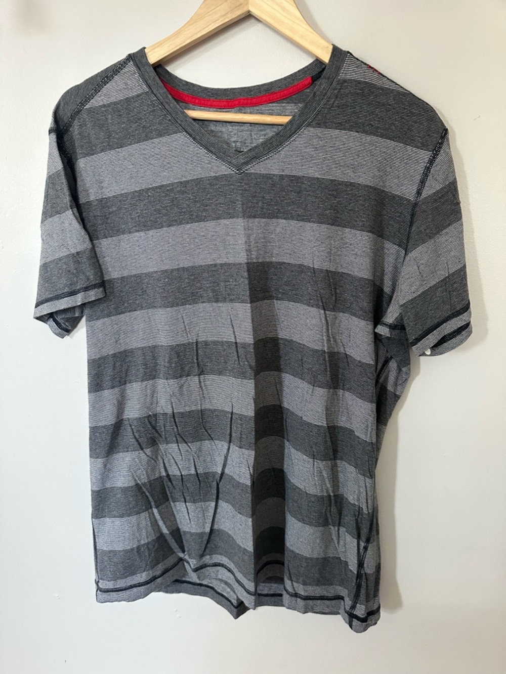 Men's Gray Striped V-Neck Shirt - Casual Everyday Tee